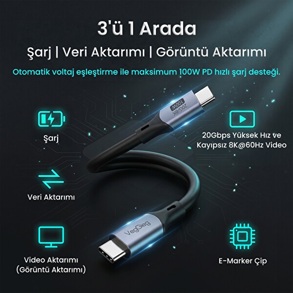 VegGieg 100W 5A USB 3.2 Gen2 20 Gbps 8K 60Hz Type-C Görüntü Şarj ve Data Kablosu 1 M