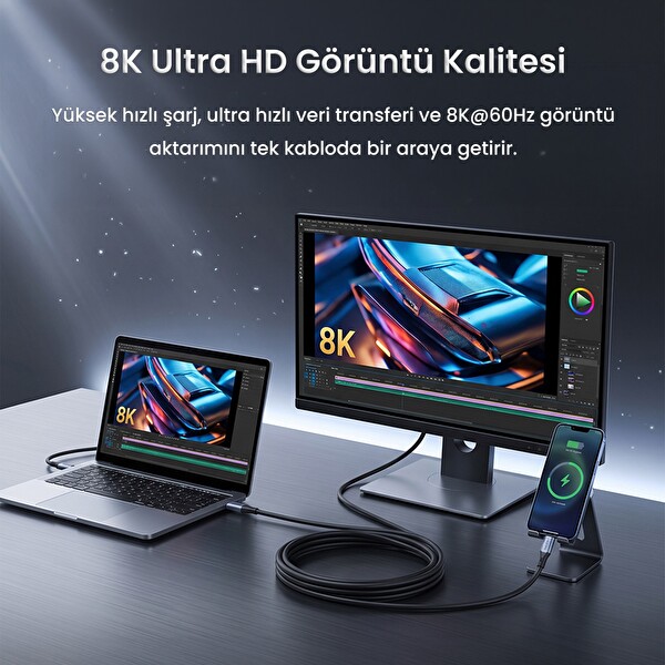 VegGieg 100W 5A USB 3.2 Gen2 20 Gbps 8K 60Hz Type-C Görüntü Şarj ve Data Kablosu 1 M