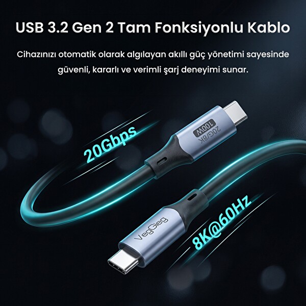 VegGieg 100W 5A USB 3.2 Gen2 20 Gbps 8K 60Hz Type-C Görüntü Şarj ve Data Kablosu 1 M