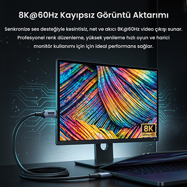 VegGieg 100W 5A USB 3.2 Gen2 20 Gbps 8K 60Hz Type-C Görüntü Şarj ve Data Kablosu 1 M
