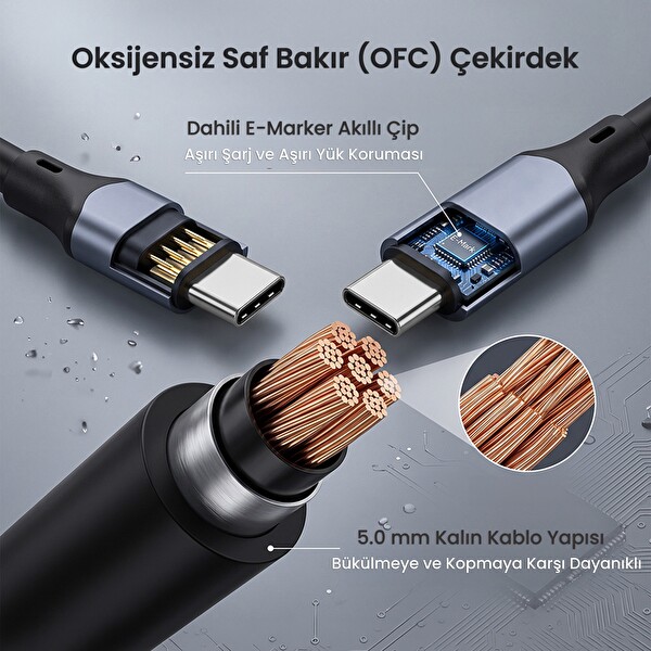 VegGieg 100W 5A USB 3.2 Gen2 20 Gbps 8K 60Hz Type-C Görüntü Şarj ve Data Kablosu 2 M