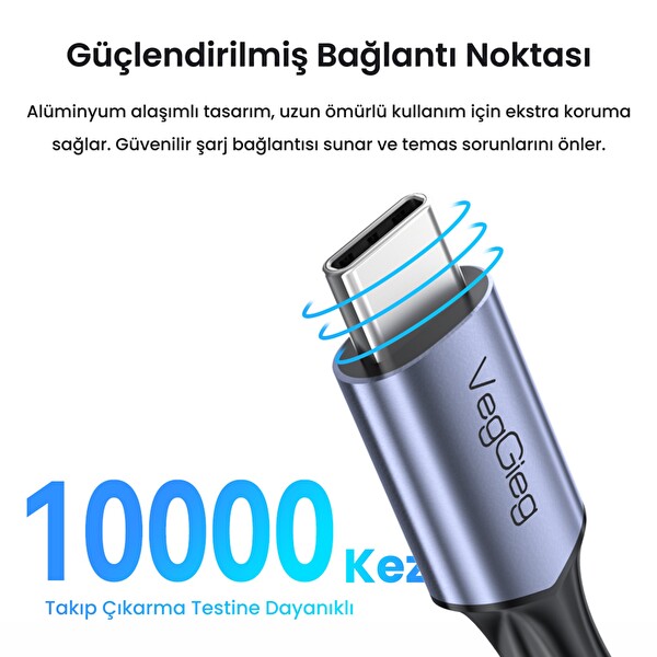 VegGieg USB-A to USB-C 60W 3A Type-C Hızlı Şarj ve Data Kablosu 1.2 Metre