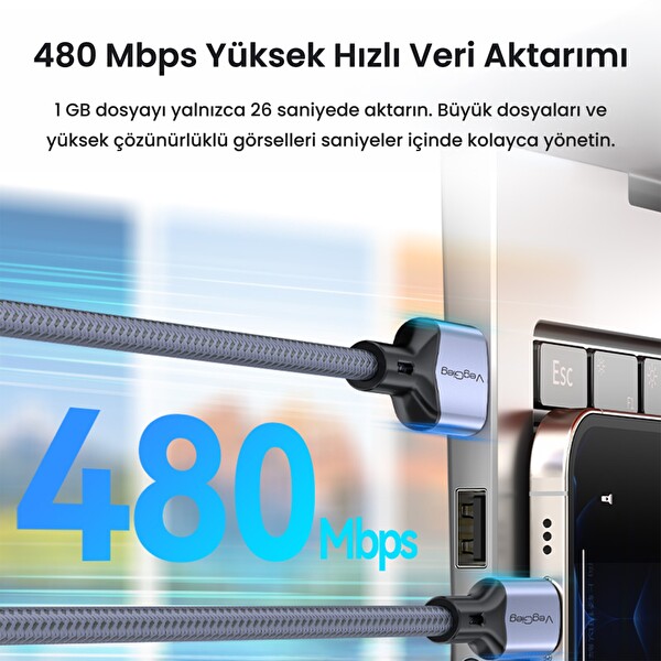VegGieg USB-A to USB-C 60W 3A Type-C Hızlı Şarj ve Data Kablosu 2 Metre