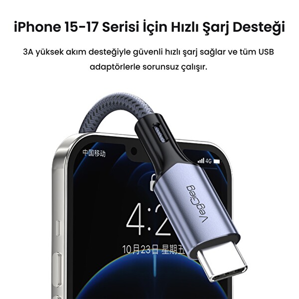 VegGieg USB-A to USB-C 60W 3A Type-C Hızlı Şarj ve Data Kablosu 2 Metre