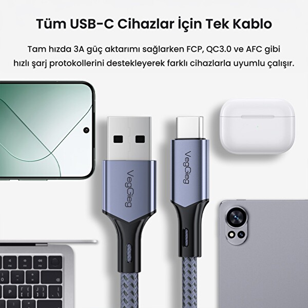 VegGieg USB-A to USB-C 60W 3A Type-C Hızlı Şarj ve Data Kablosu 2 Metre