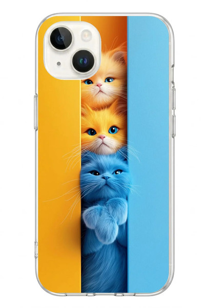 Le Balvo iPhone 13 - 14 Uyumlu Mavi Sarı Kediler Baskılı Silikon Kılıf
