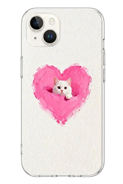 Le Balvo iPhone 13 - 14 Uyumlu Pembe Kalpli Kedi Baskılı Silikon Kılıf