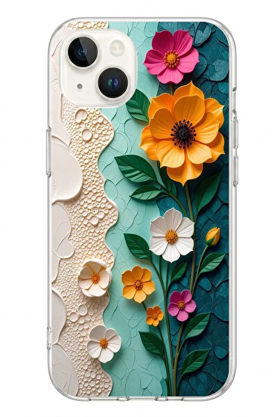 Le Balvo iPhone 13 - 14 Uyumlu Güzel Modern Çiçekler Baskılı Silikon Kılıf