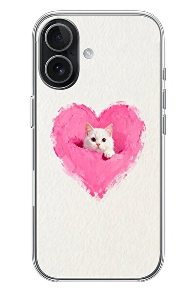 Le Balvo iPhone 17 Uyumlu Pembe Kalpli Kedi Baskılı Silikon Kılıf