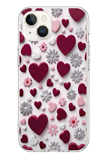 Le Balvo iPhone 13 - 14 Uyumlu Kırmızı ve Pembe Kalpler Baskılı Silikon Kılıf