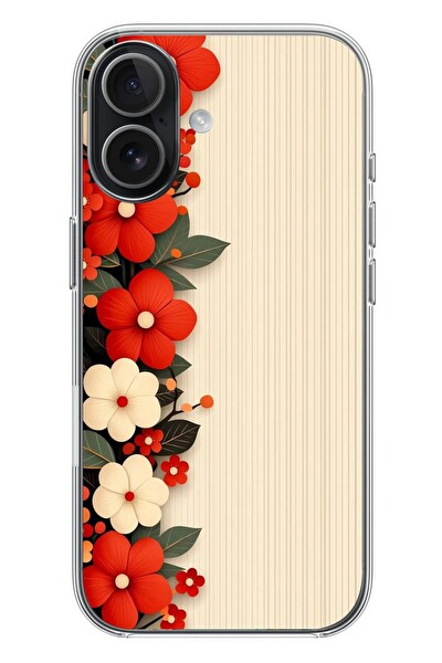 Le Balvo iPhone 17 Uyumlu Kırmızı Beyaz Çiçekler Baskılı Silikon Kılıf