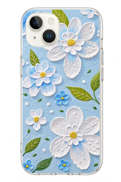 Le Balvo iPhone 13 - 14 Uyumlu Mavi Papatyalar Baskılı Silikon Kılıf