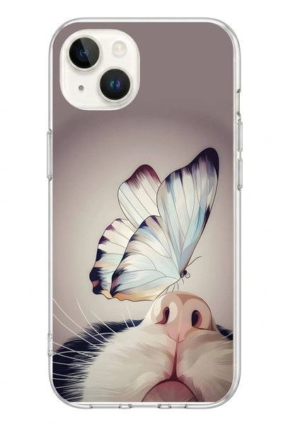 Le Balvo iPhone 13 - 14 Uyumlu Kelebekli Kedi Baskılı Silikon Kılıf