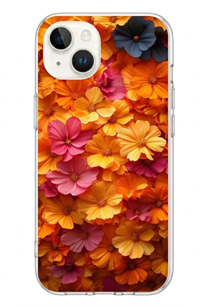 Le Balvo iPhone 13 - 14 Uyumlu Sarı Pembe Çiçekler Baskılı Silikon Kılıf