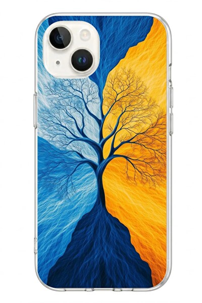 Le Balvo iPhone 13 - 14 Uyumlu Sarı Mavi Ağaç Baskılı Silikon Kılıf
