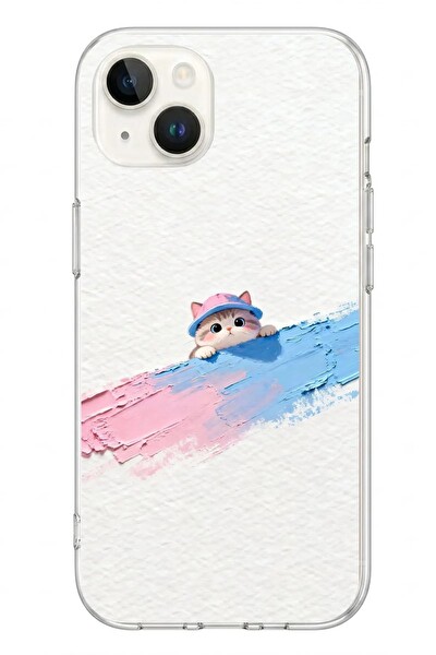 Le Balvo iPhone 13 - 14 Uyumlu Pembe Mavi Kedi Baskılı Silikon Kılıf