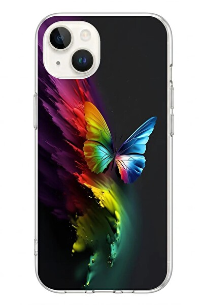 Le Balvo iPhone 13 - 14 Uyumlu Gökkuşağı Kelebeği Baskılı Silikon Kılıf