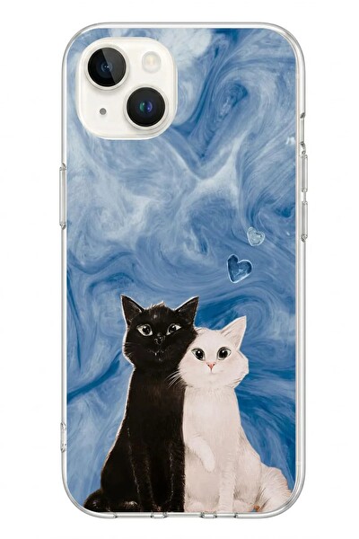 Le Balvo iPhone 13 - 14 Uyumlu Siyah ve Beyaz Kedi Baskılı Silikon Kılıf