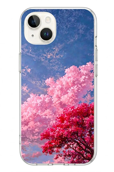 Le Balvo iPhone 13 - 14 Uyumlu Kırmızı Pembe Ağaçlar Baskılı Silikon Kılıf