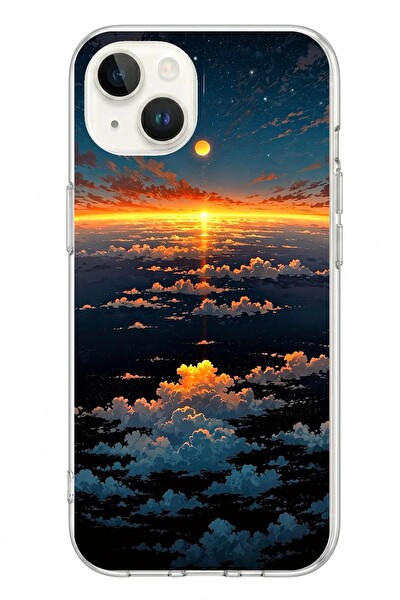 Le Balvo iPhone 13 - 14 Uyumlu Gün Batımı ve Ay Baskılı Silikon Kılıf