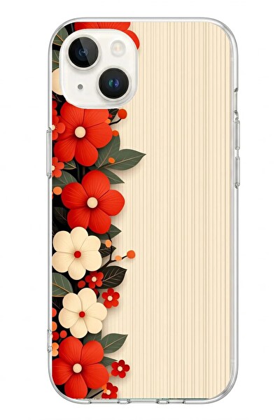 Le Balvo iPhone 13 - 14 Uyumlu Kırmızı Beyaz Çiçekler Baskılı Silikon Kılıf