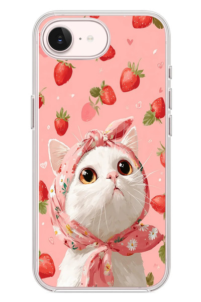 Le Balvo iPhone 17e Uyumlu Örtülü Kedi Çilekli Baskılı Silikon Kılıf