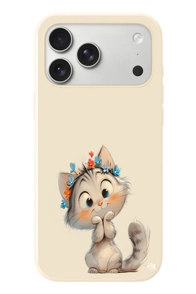 Le Balvo iPhone 17 Pro Max Uyumlu Sevimli Çiçekli Kedi Baskılı Silikon Kılıf