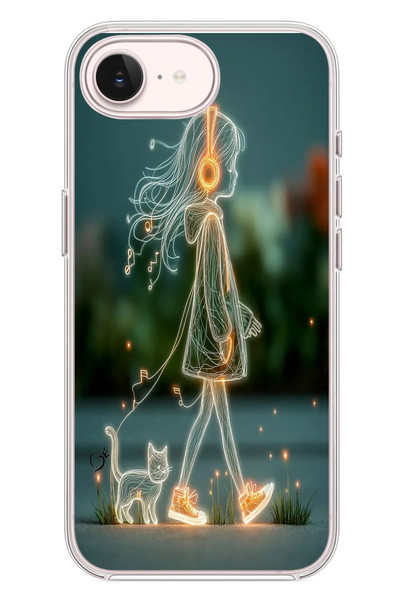 Le Balvo iPhone 17e Uyumlu Kedili Neon Kız Baskılı Silikon Kılıf