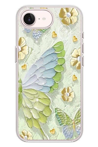 Le Balvo iPhone 17e Uyumlu Yeşil Mavi Kelebek Baskılı Silikon Kılıf