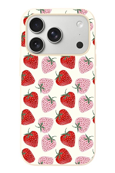 Le Balvo iPhone 17 Pro Uyumlu Kırmızı Pembe Çilekler Baskılı Silikon Kılıf