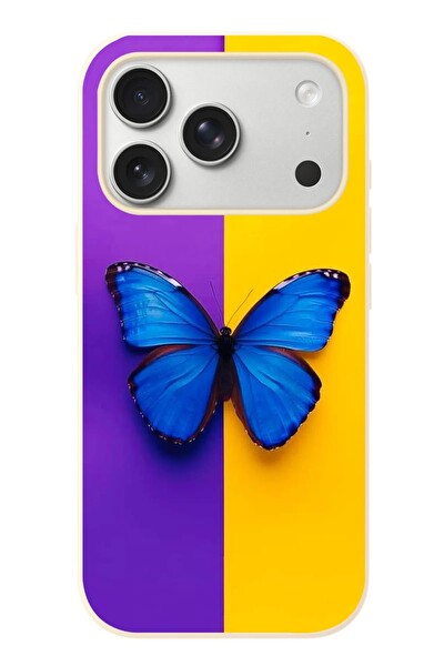 Le Balvo iPhone 17 Pro Uyumlu Mor Sarı Kelebek Baskılı Silikon Kılıf