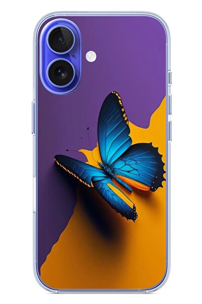 Le Balvo iPhone 16 Uyumlu Mavi Kelebek Baskılı Silikon Kılıf