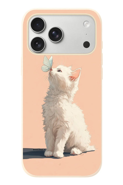 Le Balvo iPhone 17 Pro Max Uyumlu Beyaz Kelebekli Kedi Baskılı Silikon Kılıf