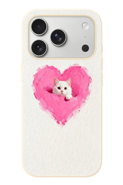 Le Balvo iPhone 17 Pro Uyumlu Pembe Kalpli Kedi Baskılı Silikon Kılıf