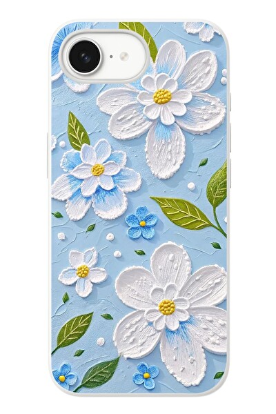 Le Balvo iPhone 16e Uyumlu Mavi Papatyalar Baskılı Silikon Kılıf