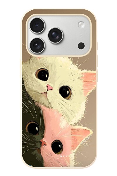 Le Balvo iPhone 17 Pro Uyumlu Pembe Siyah Beyaz Kedi Baskılı Silikon Kılıf