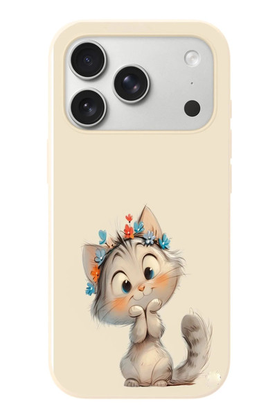 Le Balvo iPhone 17 Pro Uyumlu Sevimli Çiçekli Kedi Baskılı Silikon Kılıf