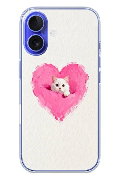 Le Balvo iPhone 16 Uyumlu Pembe Kalpli Kedi Baskılı Silikon Kılıf