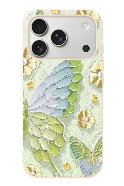 Le Balvo iPhone 17 Pro Uyumlu Yeşil Mavi Kelebek Baskılı Silikon Kılıf