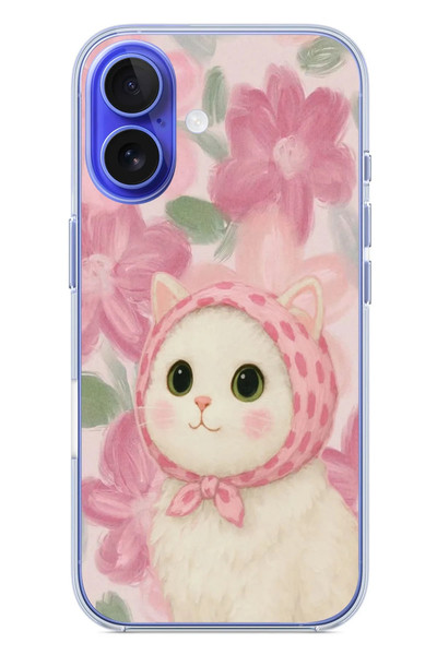 Le Balvo iPhone 16 Uyumlu Pembe Örtülü Kedi Baskılı Silikon Kılıf