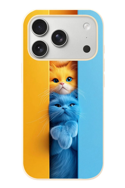 Le Balvo iPhone 17 Pro Uyumlu Mavi Sarı Kediler Baskılı Silikon Kılıf