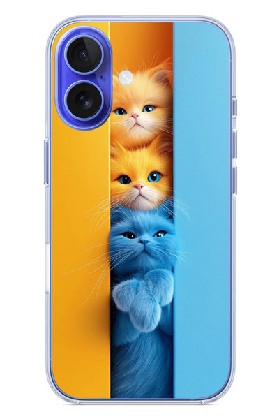 Le Balvo iPhone 16 Uyumlu Mavi Sarı Kediler Baskılı Silikon Kılıf