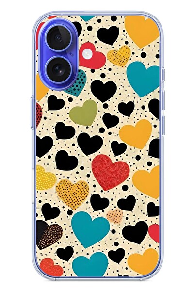 Le Balvo iPhone 16 Uyumlu Rengarenk Kalpler Baskılı Silikon Kılıf