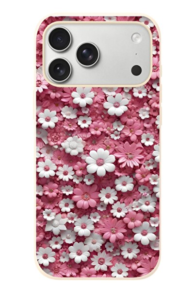 Le Balvo iPhone 17 Pro Max Uyumlu Beyaz Pembe Papatyalar Baskılı Silikon Kılıf