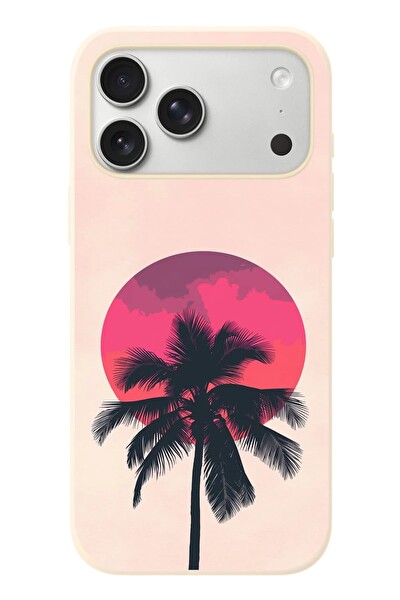 Le Balvo iPhone 17 Pro Max Uyumlu Palmiye Kırmızı Ay Baskılı Silikon Kılıf