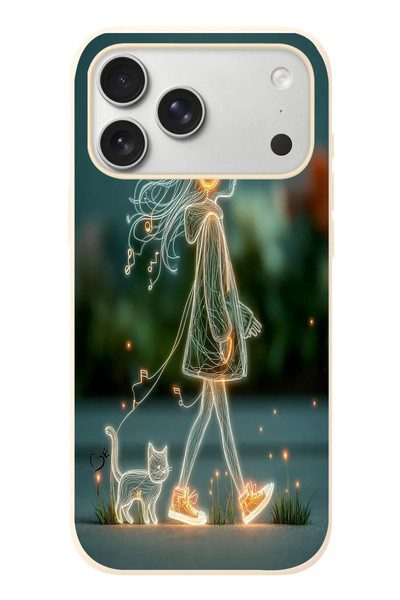 Le Balvo iPhone 17 Pro Max Uyumlu Kedili Neon Kız Baskılı Silikon Kılıf