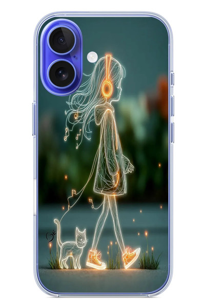 Le Balvo iPhone 16 Uyumlu Kedili Neon Kız Baskılı Silikon Kılıf