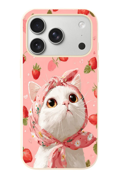 Le Balvo iPhone 17 Pro Uyumlu Örtülü Kedi Çilekli Baskılı Silikon Kılıf