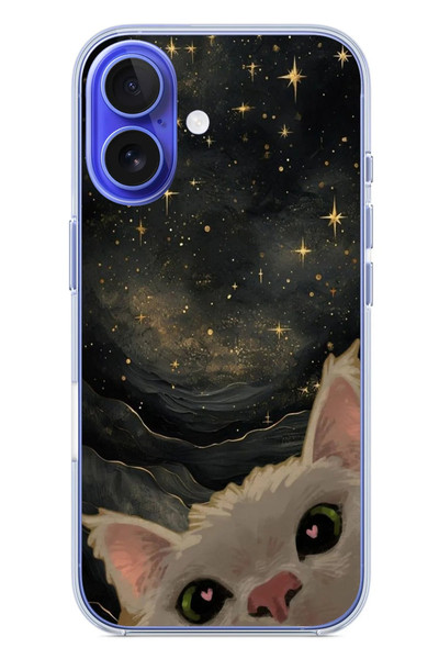 Le Balvo iPhone 16 Uyumlu Siyah Gökyüzülü Kedi Baskılı Silikon Kılıf