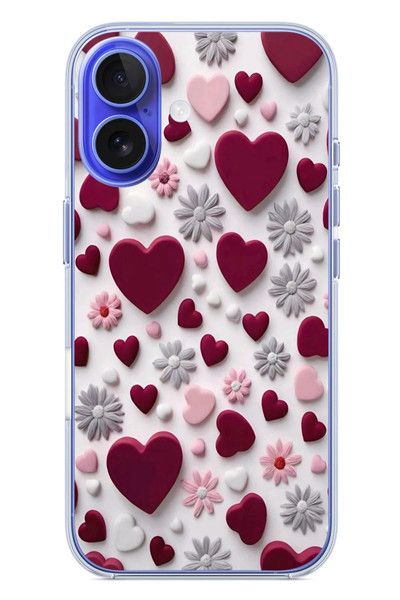 Le Balvo iPhone 16 Uyumlu Kırmızı ve Pembe Kalpler Baskılı Silikon Kılıf